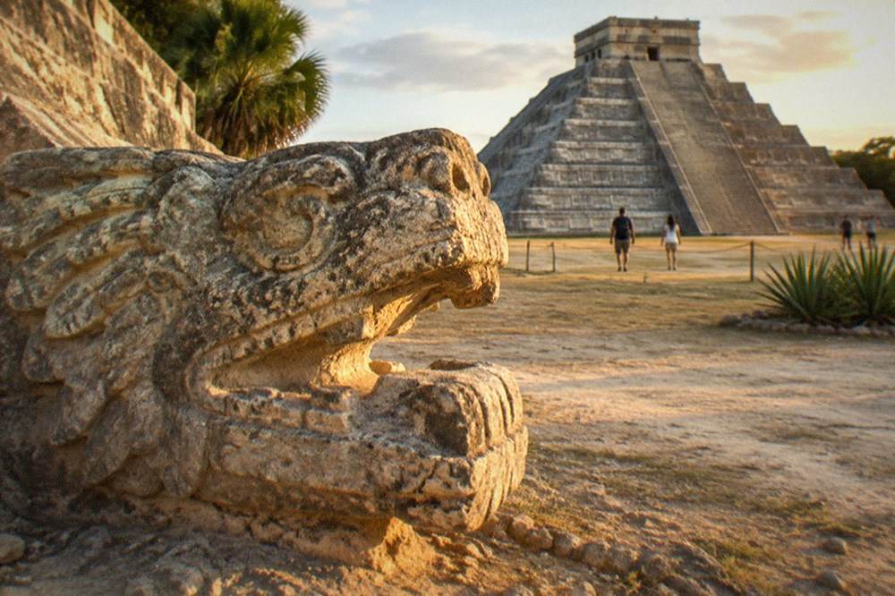 Carved stone feathered serpent head at the base of the El Castillo pyramid at Chichen Itza