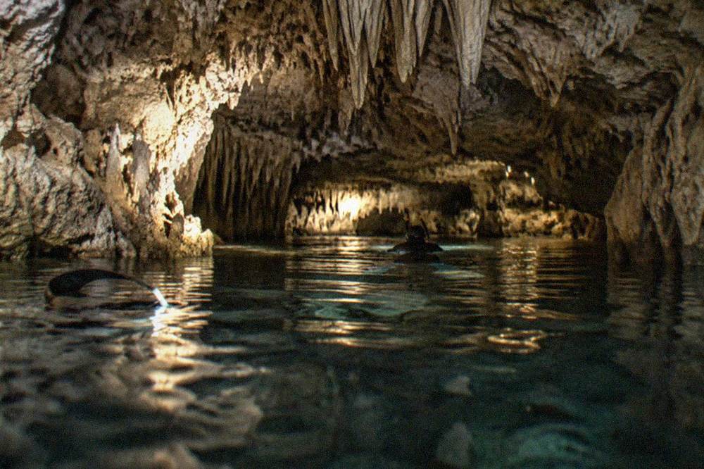 Snorkeler in a wetsuit floating in a lit cavern passage with stalactites above the waterline