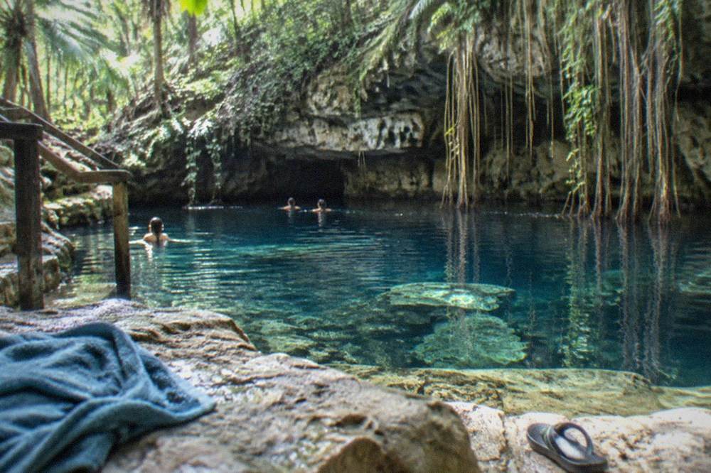 Clear freshwater cenote surrounded by limestone rock and hanging jungle vines