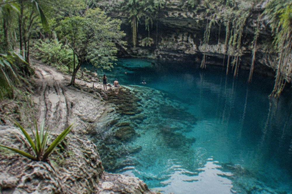 A turquoise jungle cenote surrounded by rock walls and hanging vines