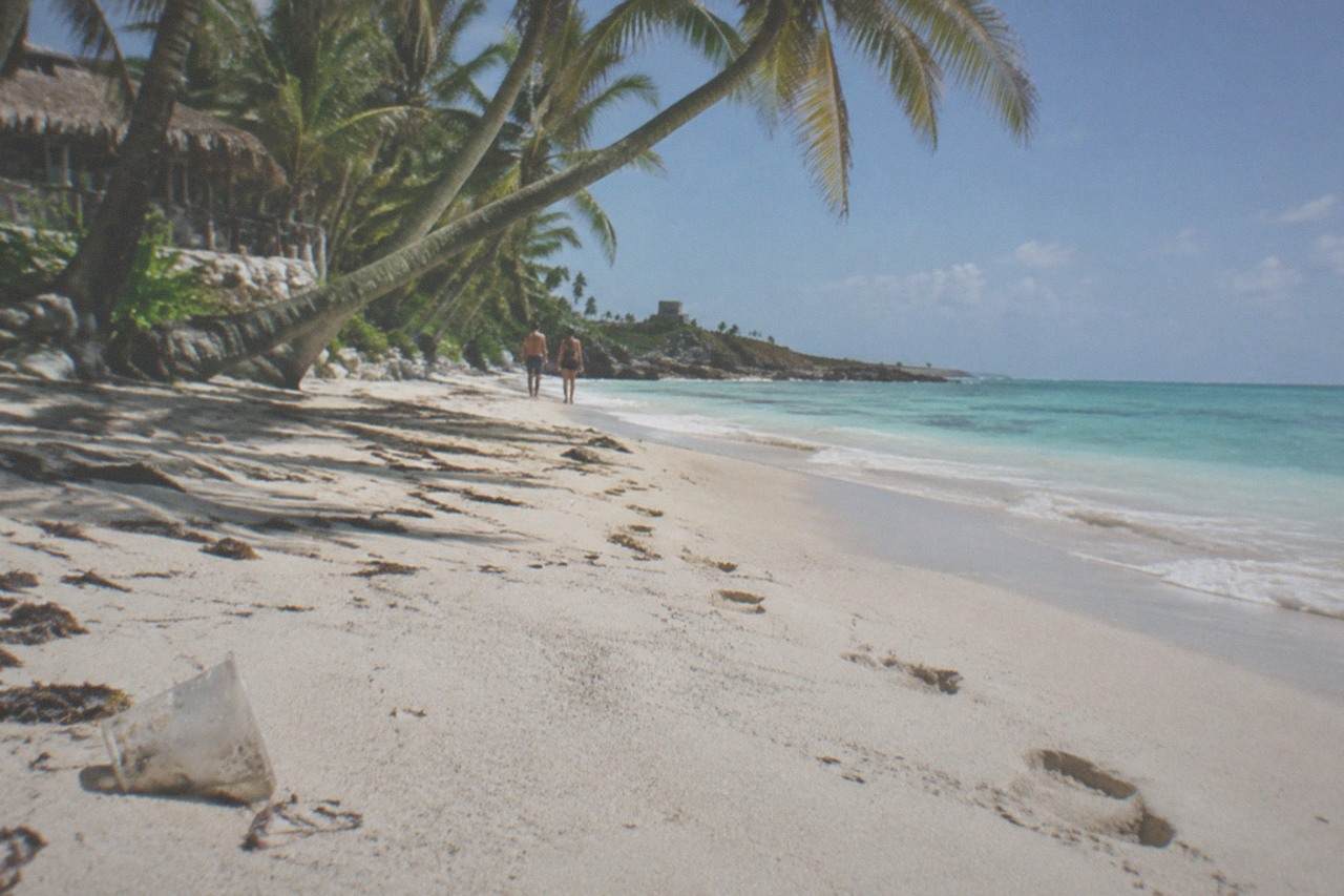 Quiet beach in Tulum with turquoise water, white sand and leaning palm trees under a bright sky