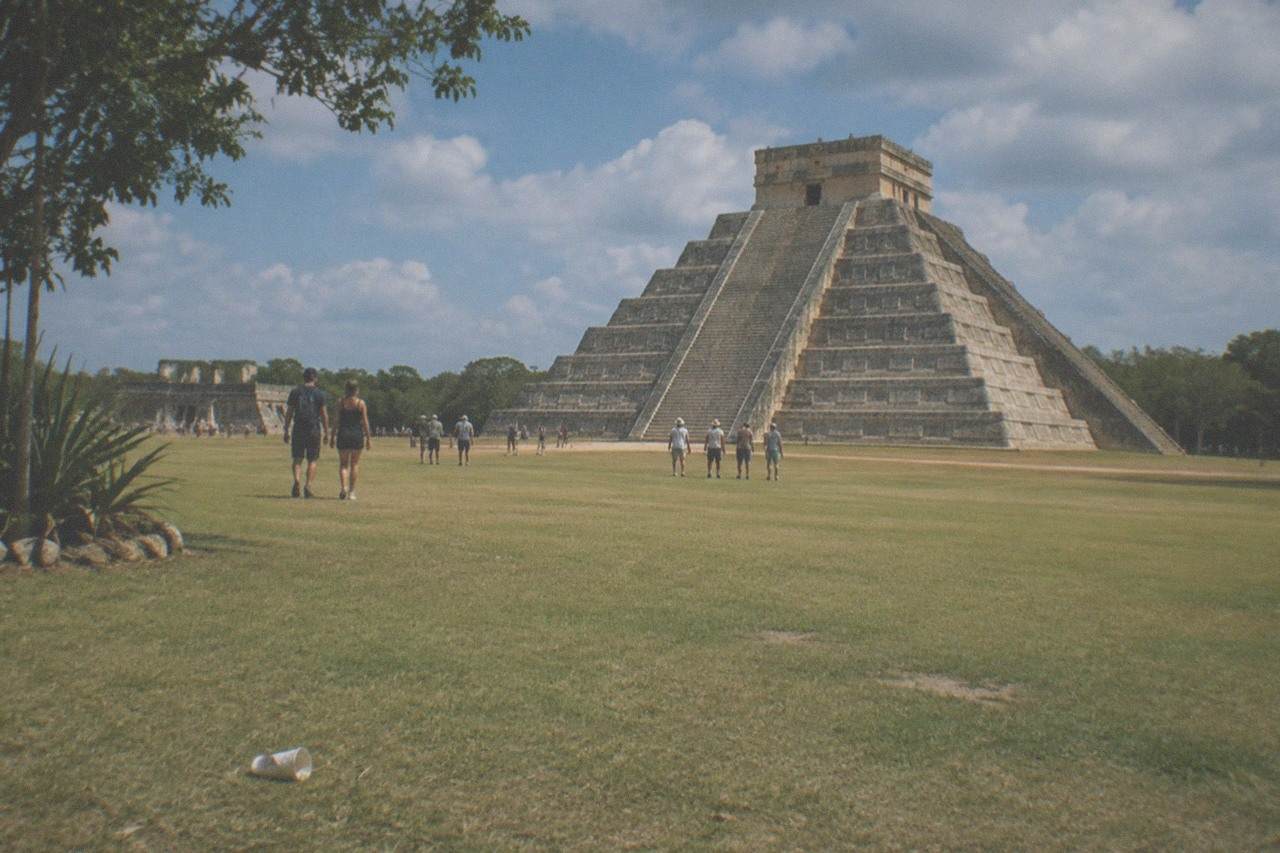 The stepped limestone pyramid of El Castillo rising above a wide grass field under a partly cloudy sky