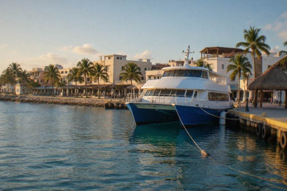 Passenger ferry docked at a Caribbean island pier with calm sea and clear sky