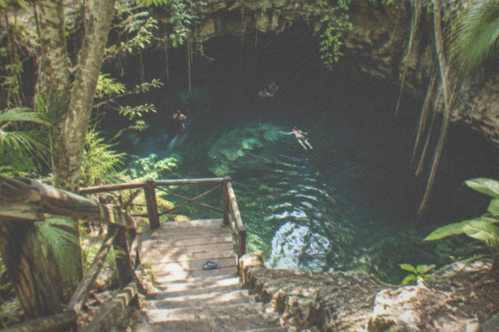 Steps and a wooden platform leading down to a round open cenote ringed by rock and vines