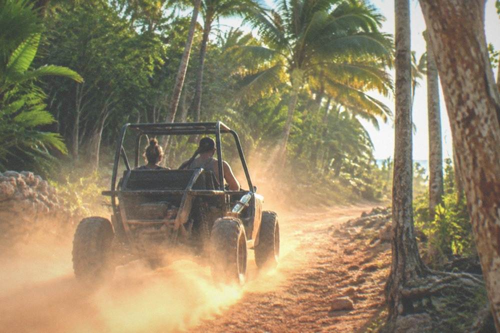 An open buggy kicking up a plume of dust on a dry jungle trail in morning light