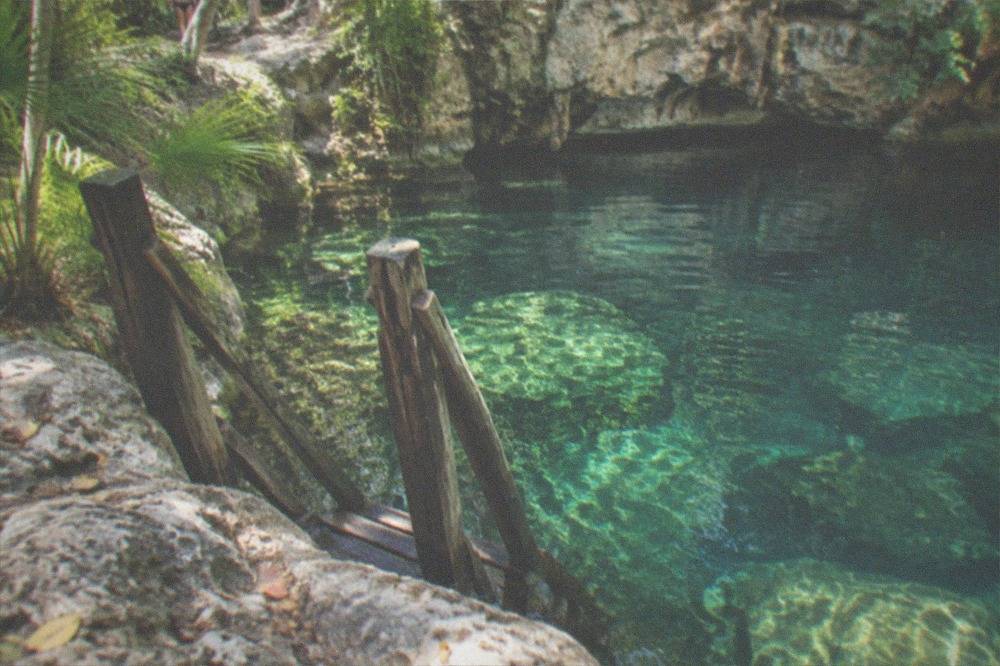 Limestone rock ledge and wooden ladder descending into clear green cenote water