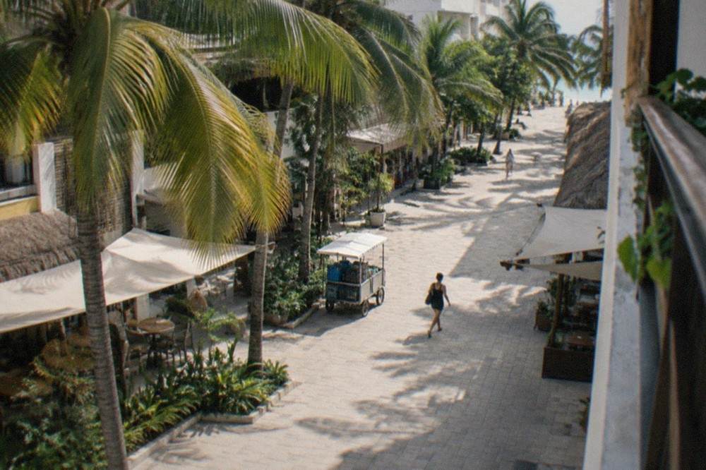 Shaded pedestrian shopping street with storefronts and palm trees along 5th Avenue