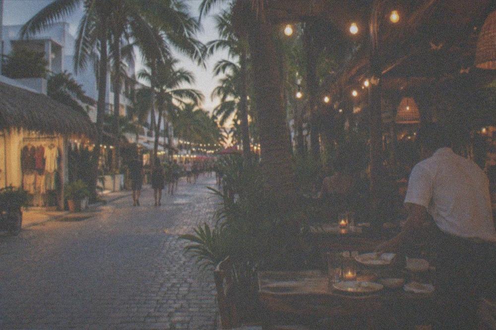 Evening view of a palm-lined street with restaurants and storefronts lit up