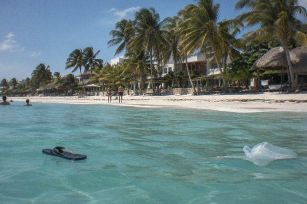 Wide Caribbean beach with white sand, calm turquoise water and palm trees in Playa del Carmen